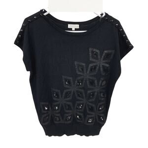 Joseph A Black Short Sleeve Sequins Sweater Blouse Knit Pullover Size S